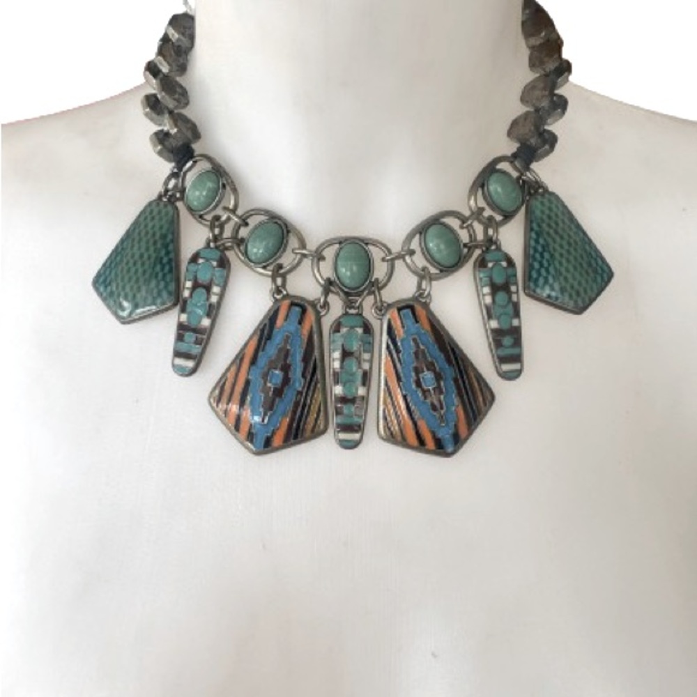 Zara South Western Style Distressed Silvertone Multicoloured Statement Necklace